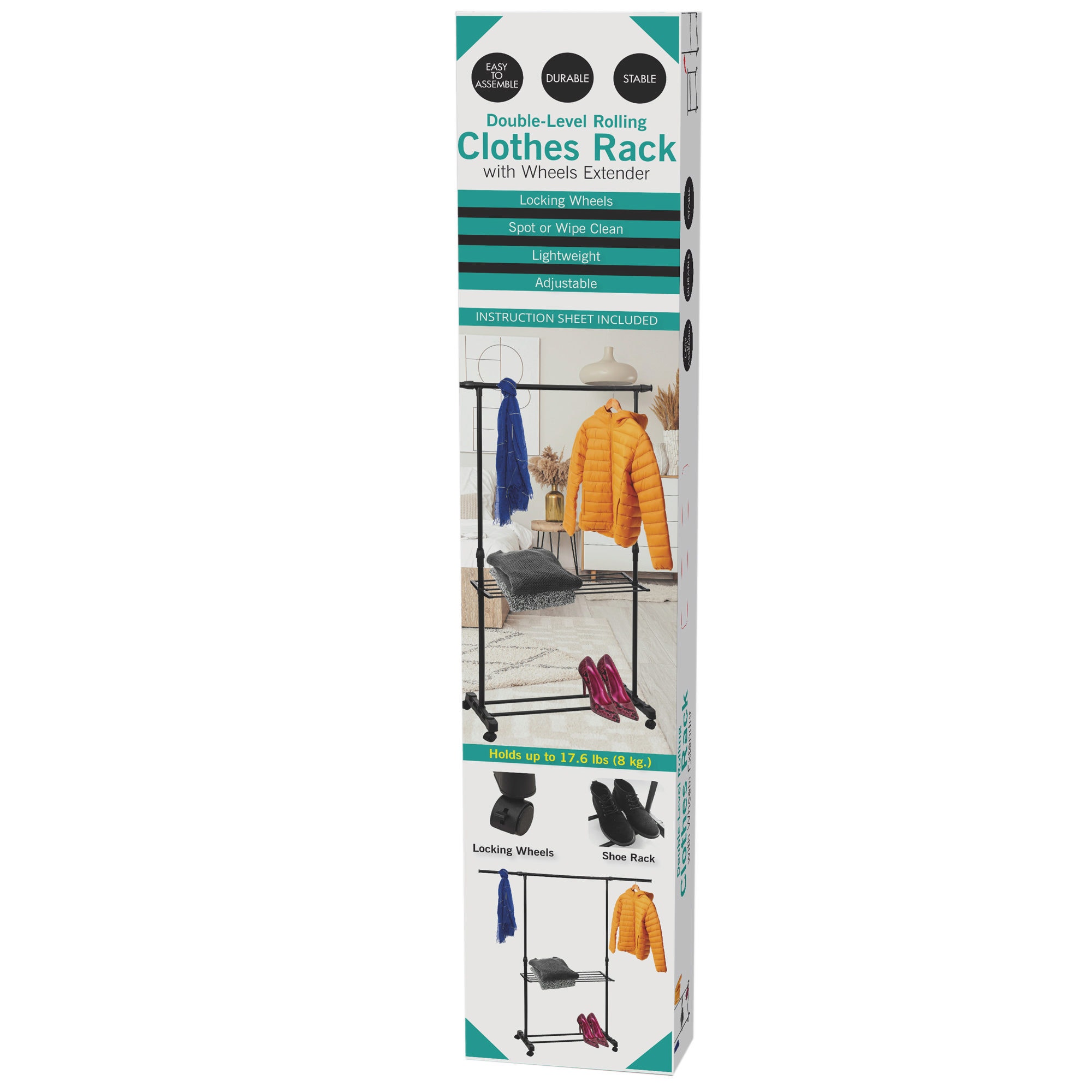 Double-Level Rolling Clothes Rack with Wheels Extender