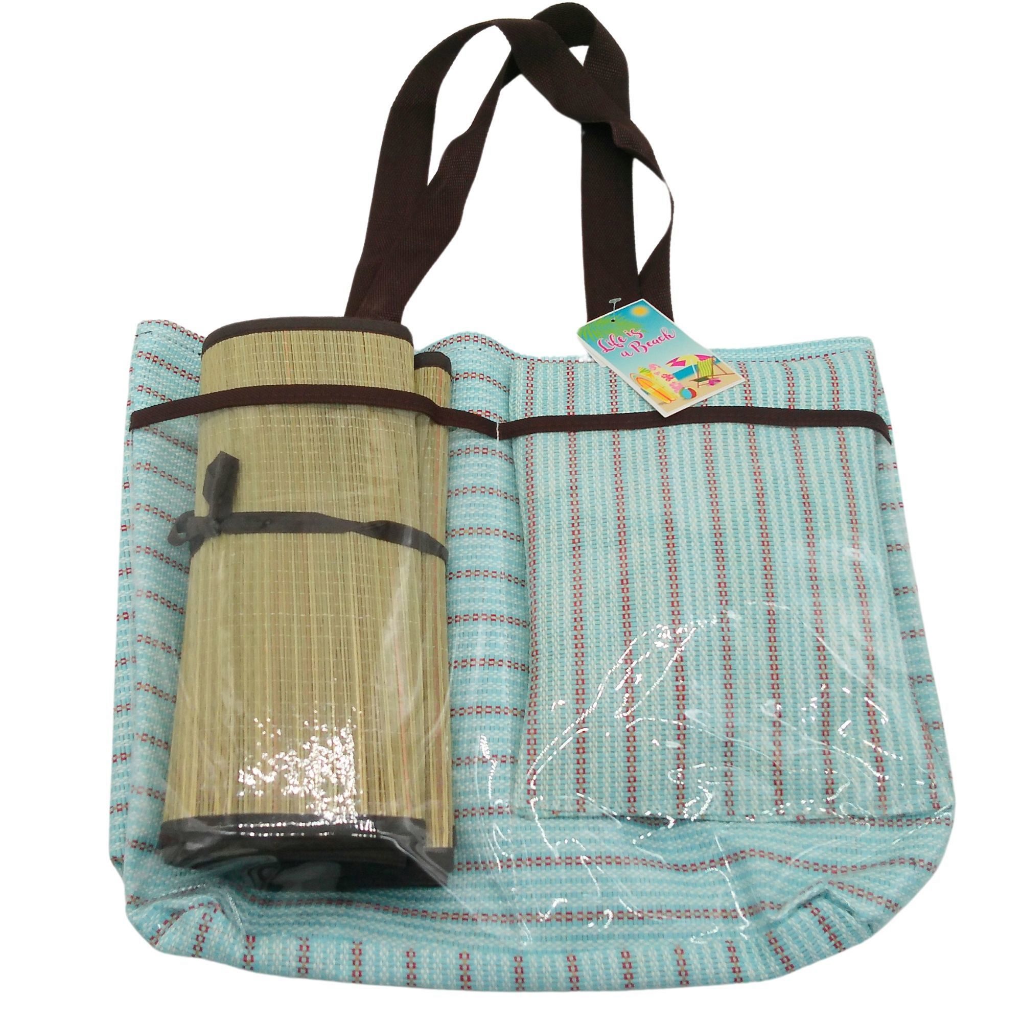 Life is a Beach Straw Beach Tote Bag with Pillow and Mat in Assorted Colors